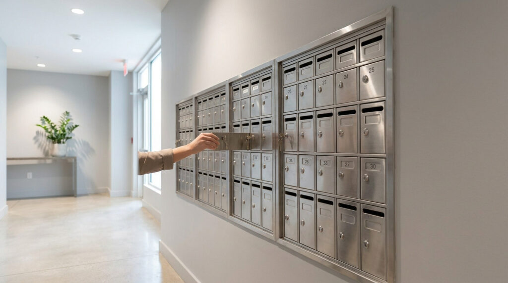 Main ouvrant une case dans un ensemble de boîtes aux lettres en acier inoxydable dans un hall d'immeuble.