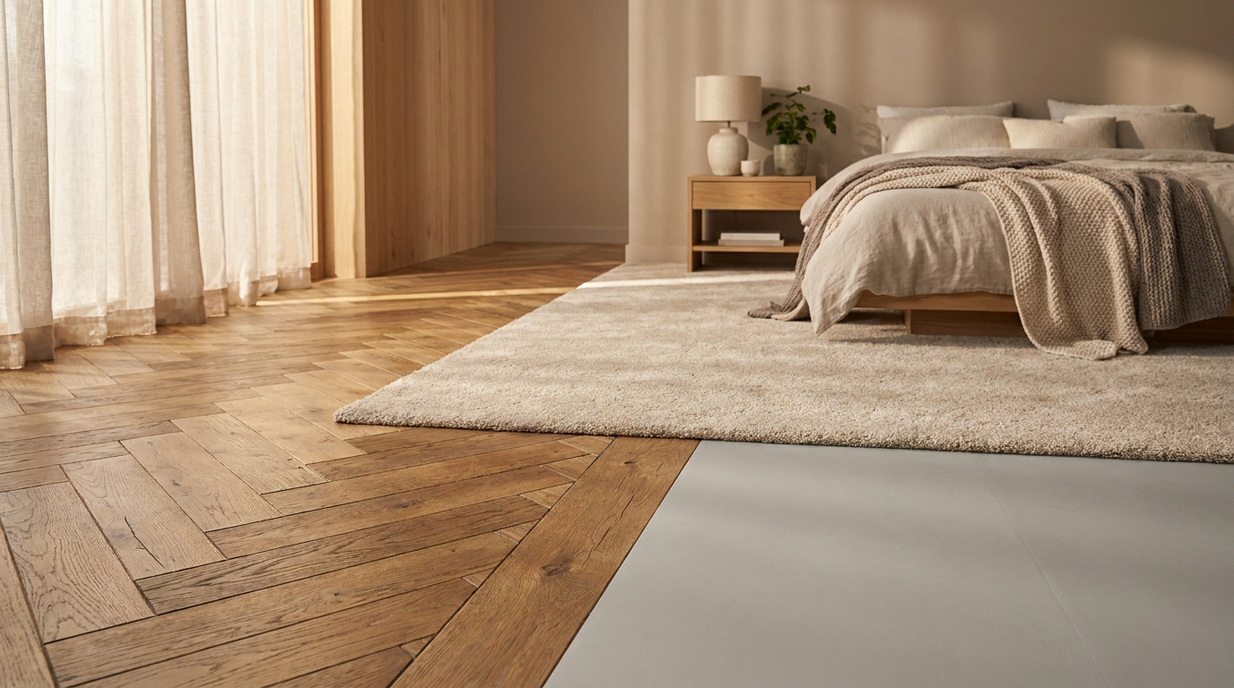 Chambre chaleureuse avec un mélange de parquet en chevron, de béton ciré et d'un grand tapis texturé sous le lit.
