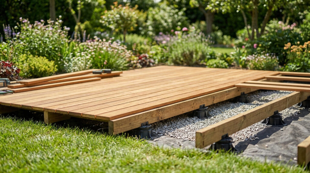 Terrasse en bois en cours de montage sur plots réglables posés sur un lit de graviers dans un jardin fleuri.