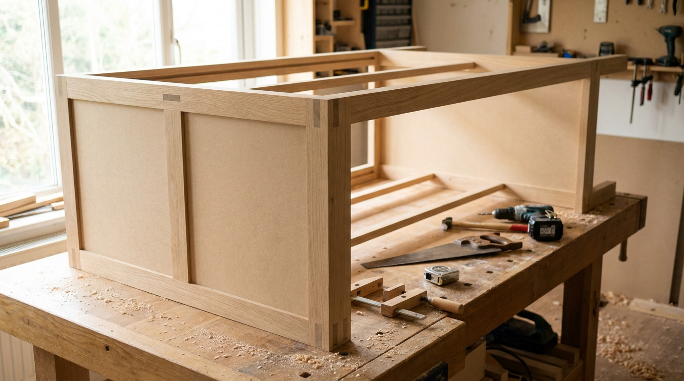Structure de penderie en bois en cours de montage sur un établi dans un atelier de menuiserie.
