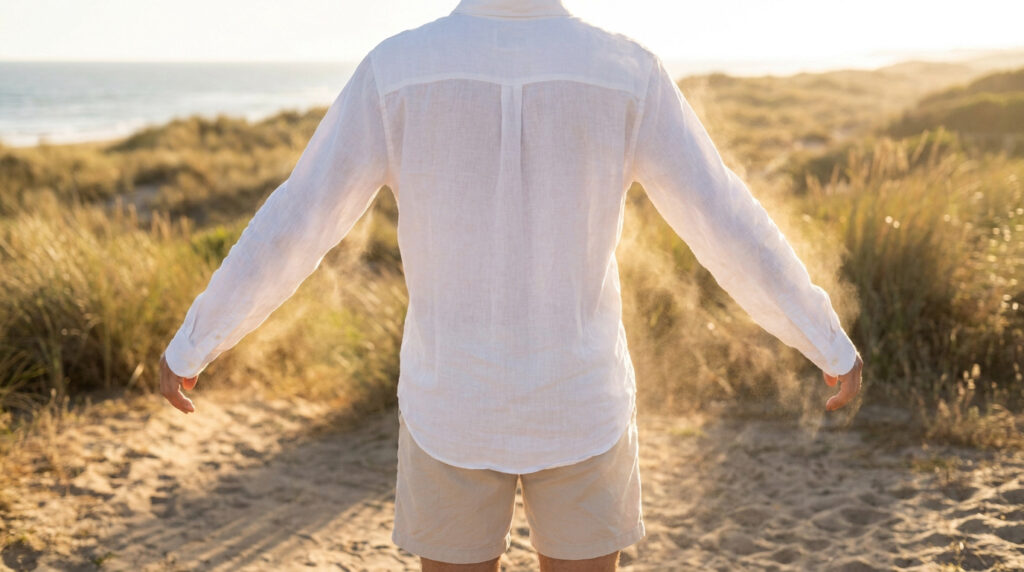 Vue de dos d'une personne en chemise blanche légère laissant passer la lumière du soleil sur une dune en bord de mer.
