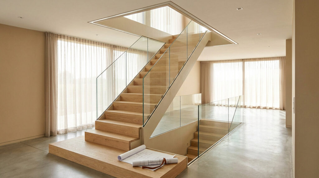 Un escalier moderne en bois avec garde-corps en verre, une trémie ouverte et des plans architecturaux au sol.