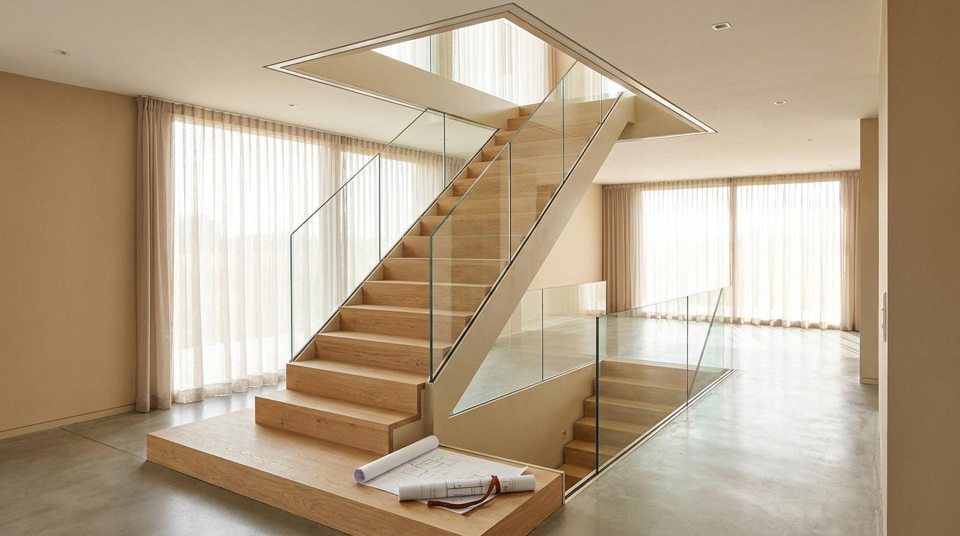 Un escalier moderne en bois avec garde-corps en verre, une trémie ouverte et des plans architecturaux au sol.