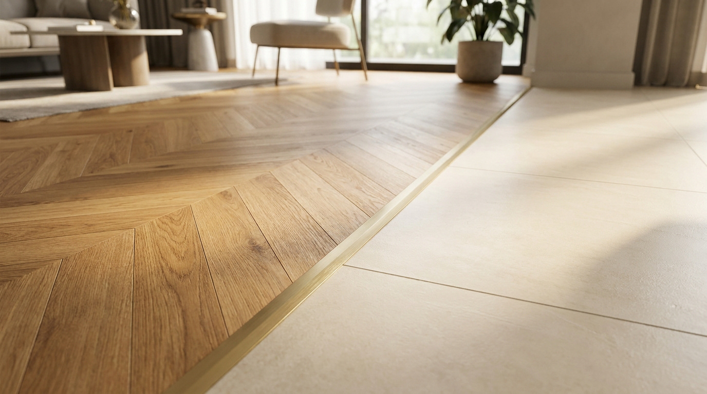 Transition entre un parquet en chêne à chevrons et un carrelage beige clair avec une baguette de finition dorée.