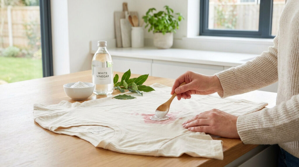 Une personne applique un mélange de vinaigre et de bicarbonate sur une tache de vêtement avec une cuillère en bois.