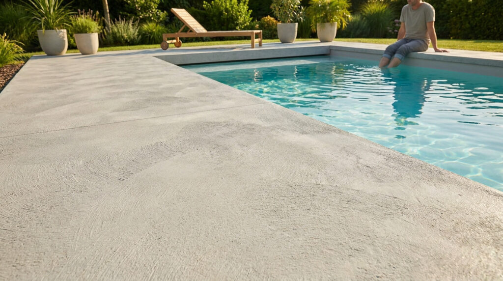 Plage de piscine en béton balayé antidérapant avec un homme assis au bord de l'eau dans un jardin ensoleillé.