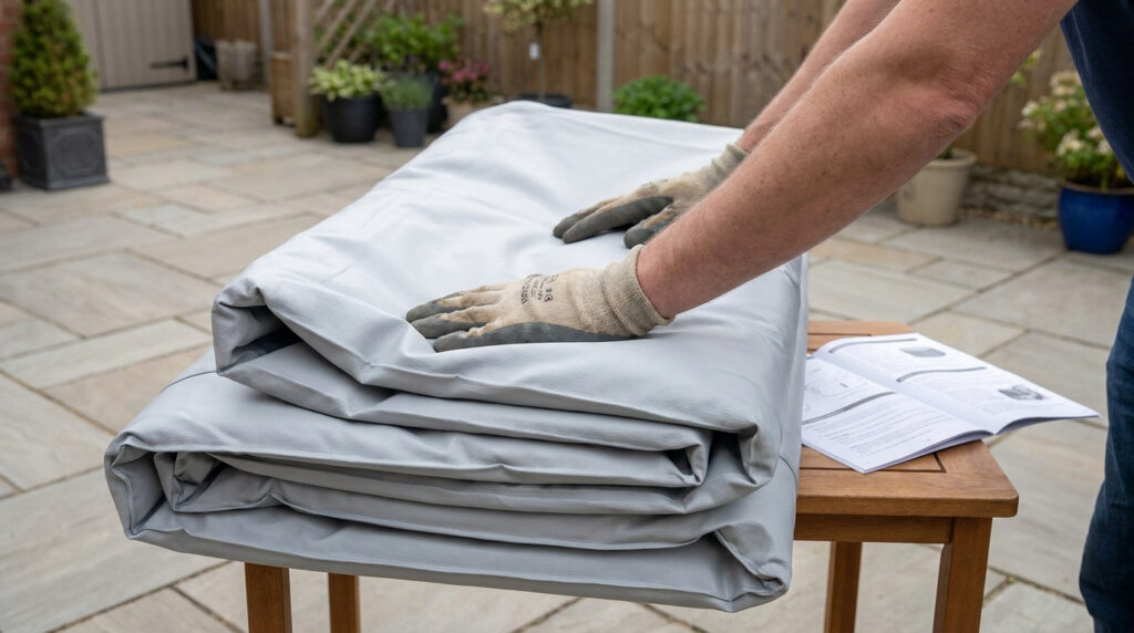 Mains avec gants pliant soigneusement la bâche grise d'un spa gonflable sur une table en bois.