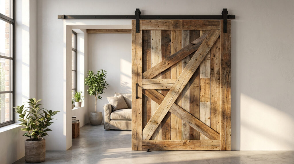 Porte coulissante rustique en bois de palette installée sur un rail en acier noir dans un intérieur moderne.