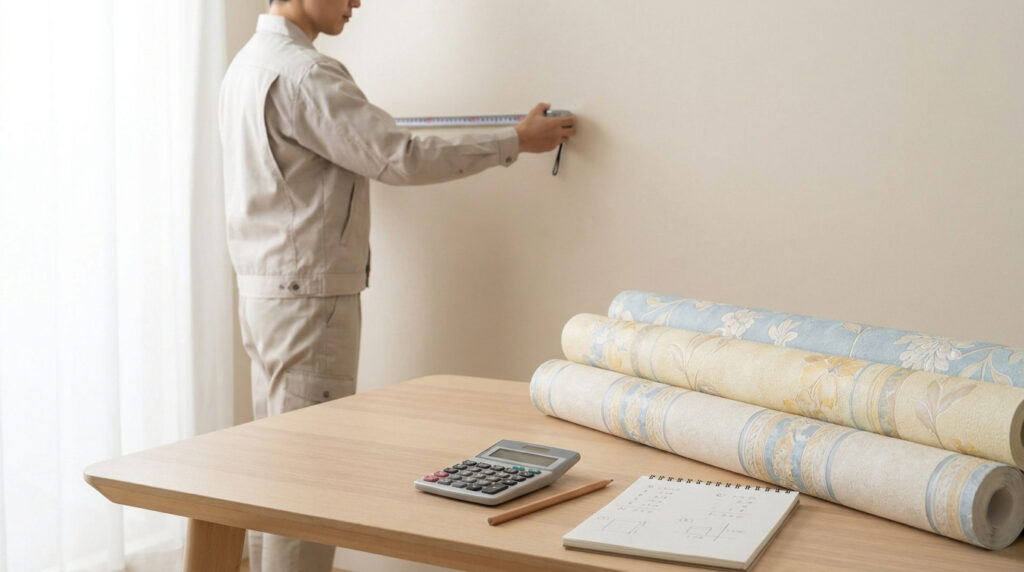 Un artisan mesure un mur avec un mètre ruban, avec des rouleaux de papier peint et une calculatrice sur une table.