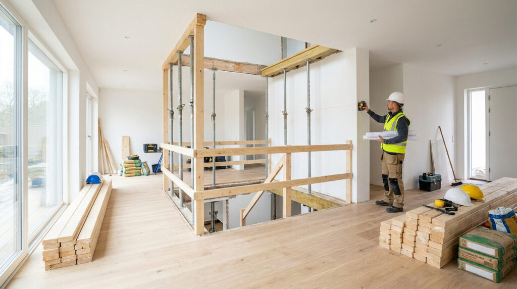 Un ouvrier en casque et gilet de sécurité utilise un niveau laser sur un chantier de rénovation avec étais de soutien.