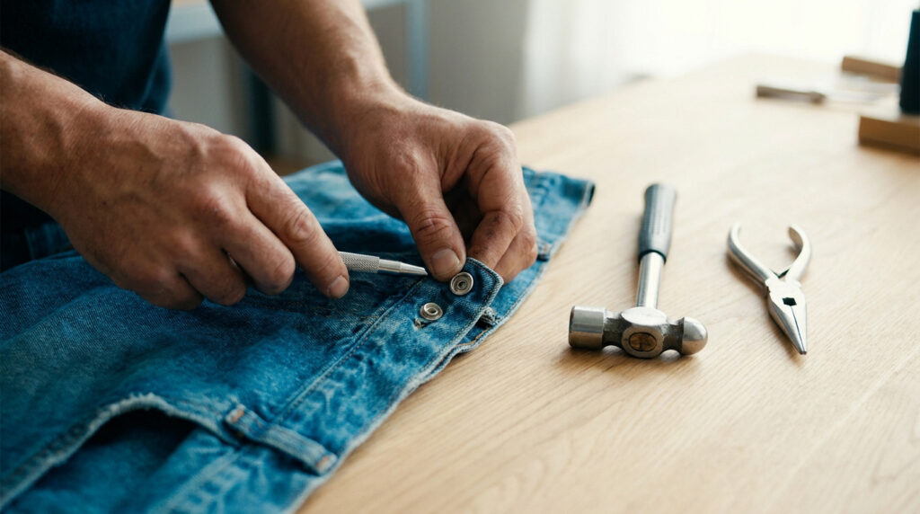 Mains travaillant sur un jean avec un poinçon, un marteau et une pince sur une table en bois.