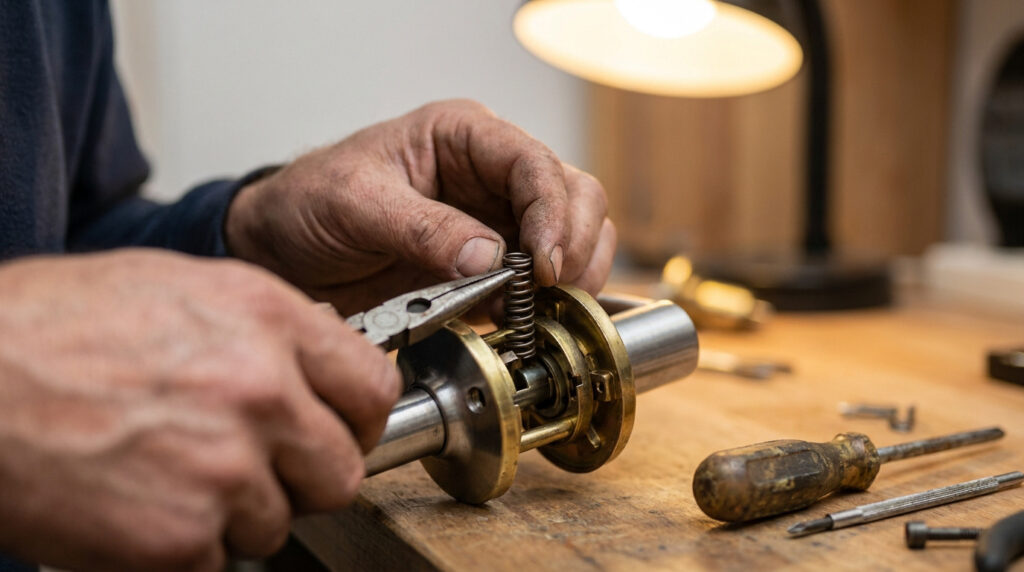 Mains d'un artisan utilisant une pince pour réparer un ressort métallique sur le mécanisme d'une poignée de porte.