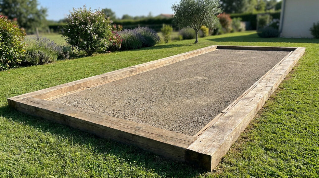 Un terrain de pétanque rectangulaire avec des bordures en bois, installé au milieu d'une pelouse arborée.