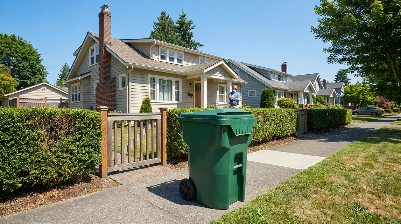 Une grande poubelle verte est posée sur le trottoir devant une maison avec un homme observant en arrière-plan.