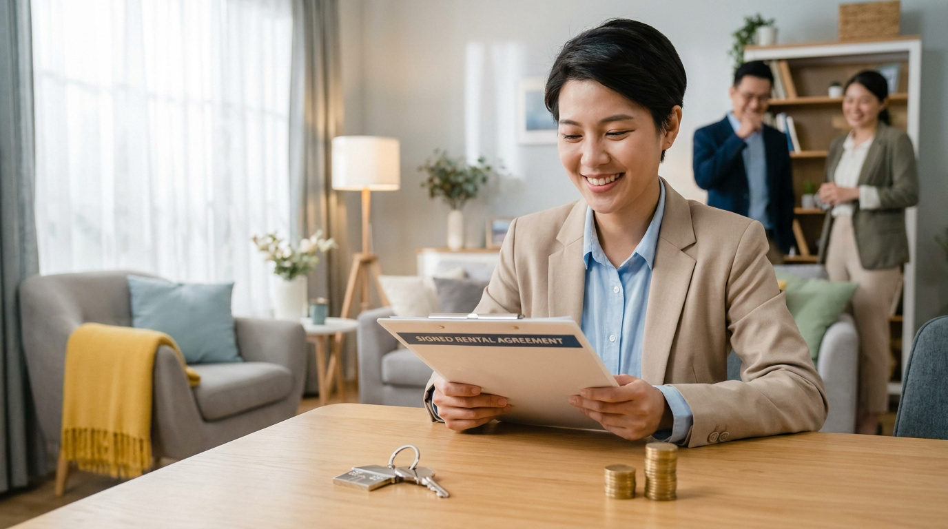 Une femme souriante lit un contrat de location signé devant des clés et des pièces de monnaie sur une table.