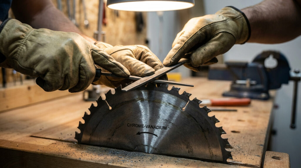 Mains gantées utilisant une lime manuelle pour affûter une lame de scie circulaire en acier sur un établi en bois.