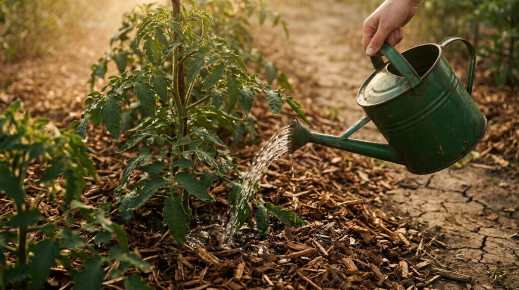 Une main tenant un arrosoir vert pour hydrater un jeune plant de tomate dans un jardin sous une lumière dorée.