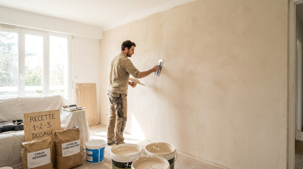 Un artisan applique de l'enduit sur un mur intérieur à l'aide d'une lisseuse dans une pièce lumineuse.