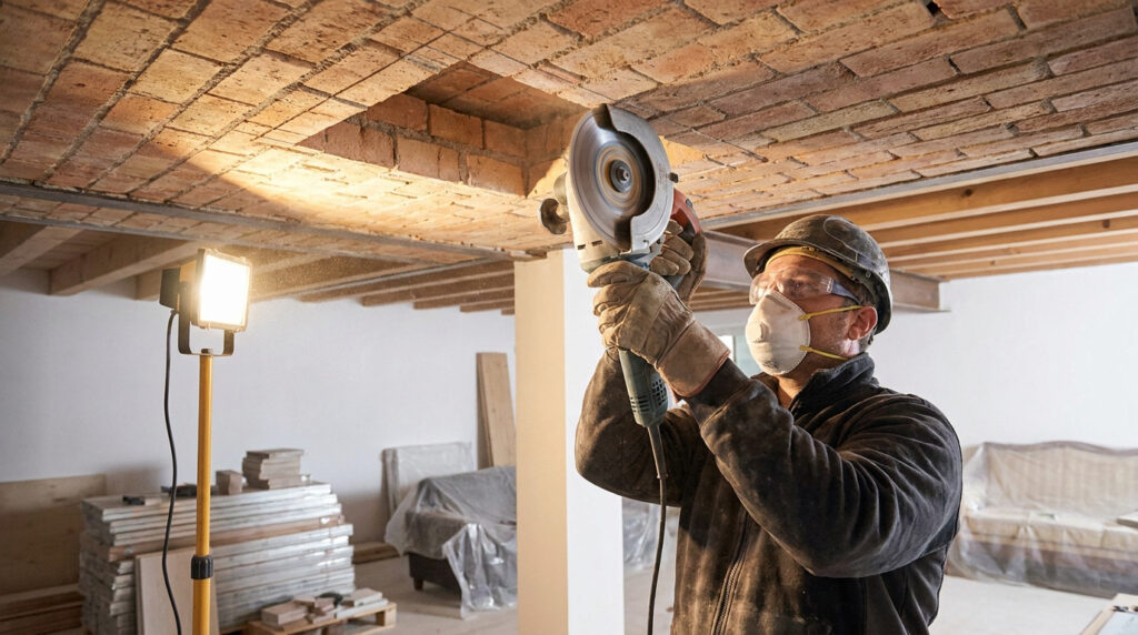 Un ouvrier équipé coupe un plafond en briques rouges avec une meuleuse dans une pièce en rénovation éclairée par un projecteur.
