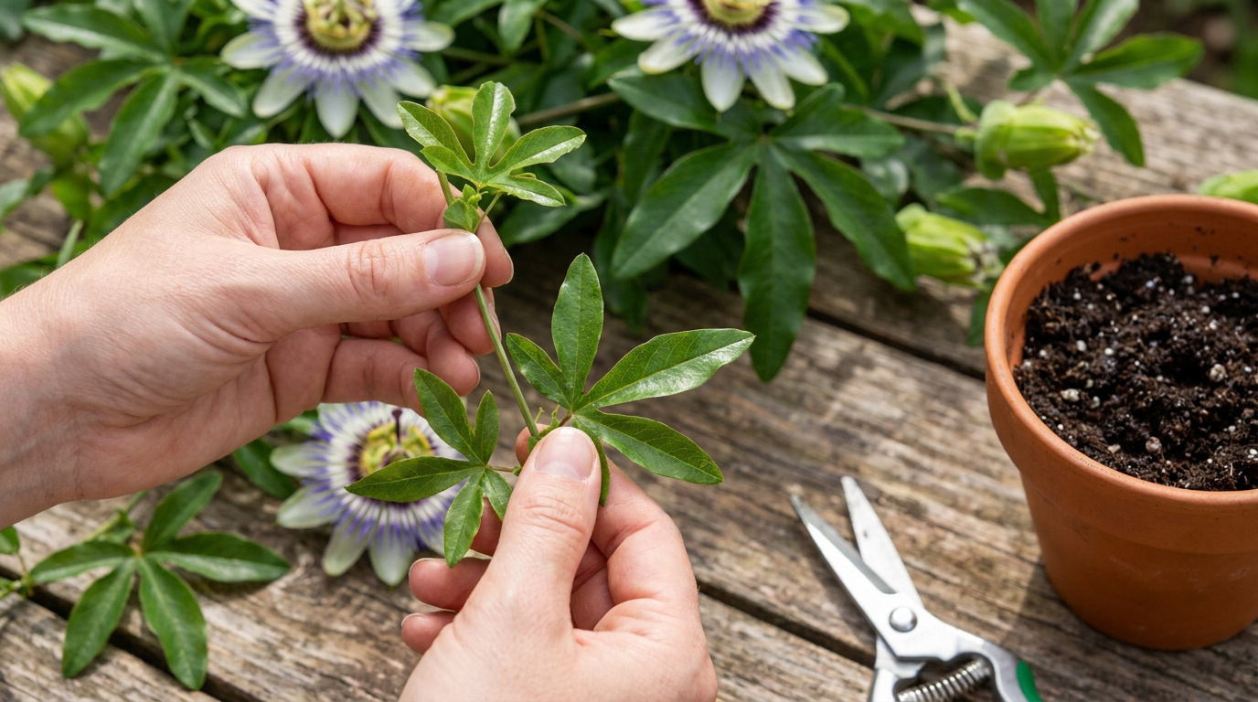 Mains de jardinier préparant une bouture de passiflore sur une table en bois avec un pot de terre et des ciseaux.