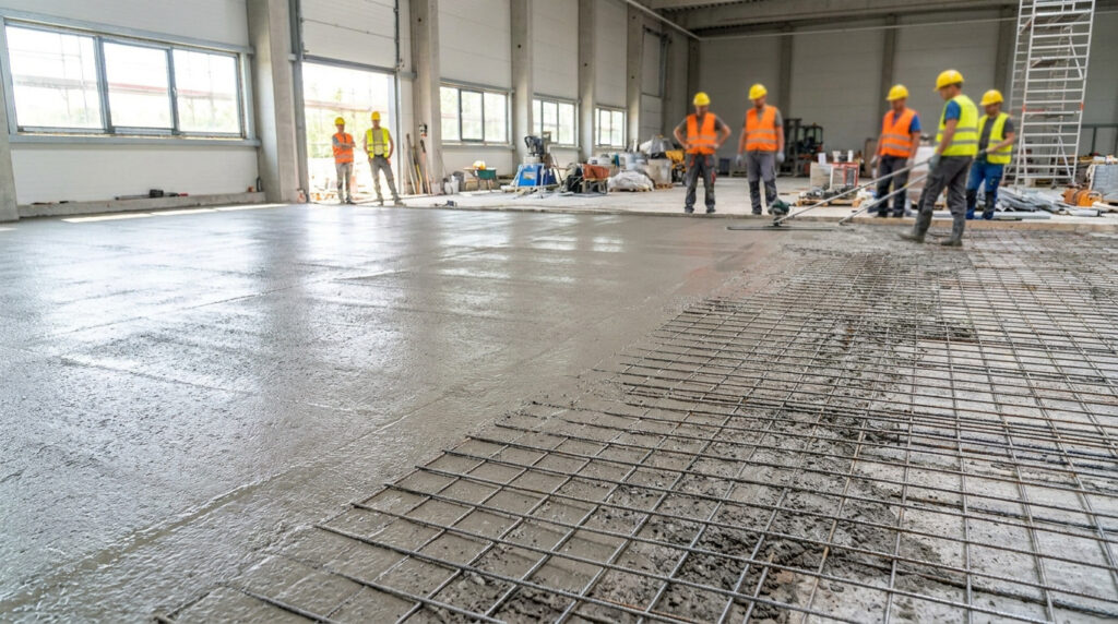 Ouvriers en gilets de sécurité travaillant sur une dalle de béton armé avec treillis métallique.