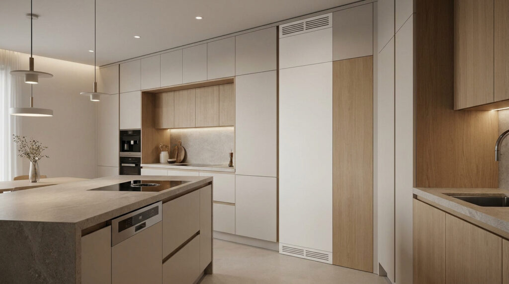 Cuisine minimaliste avec une colonne intégrée dissimulant un chauffe-eau derrière des façades en bois et blanc.