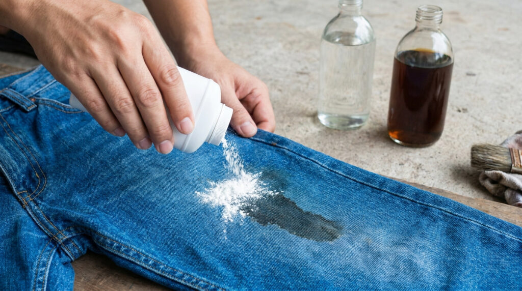 Une personne saupoudre de la poudre absorbante sur une tache d'essence sur un jean bleu.