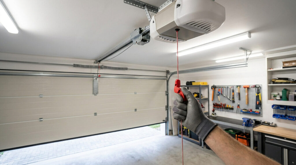 Une main gantée tire sur la cordelette de débrayage rouge d'un moteur de porte de garage.