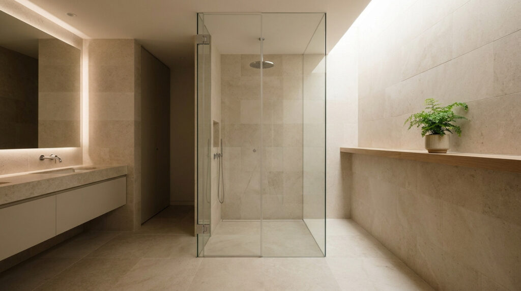 Salle de bain minimaliste avec douche italienne en verre, murs en pierre beige et éclairage naturel zénithal.