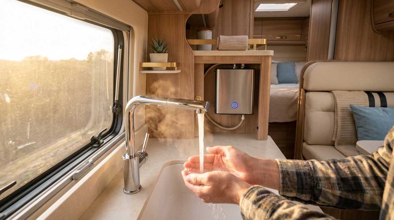 Une personne se lave les mains sous l'eau chaude d'un robinet dans la cuisine d'un camping-car avec un boiler visible.