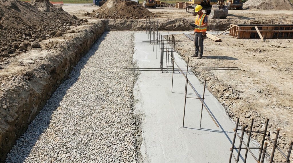 Un ouvrier en équipement de sécurité inspecte une tranchée de fondation avec du gravier et du béton coulé.