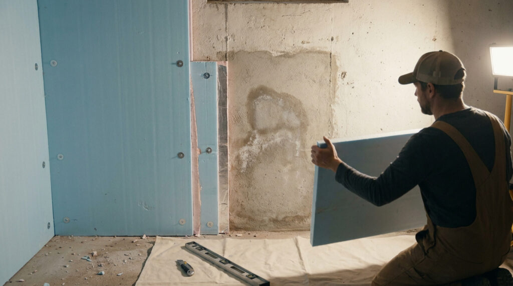 Un ouvrier installe des panneaux isolants bleus sur le mur en béton d'une cave.