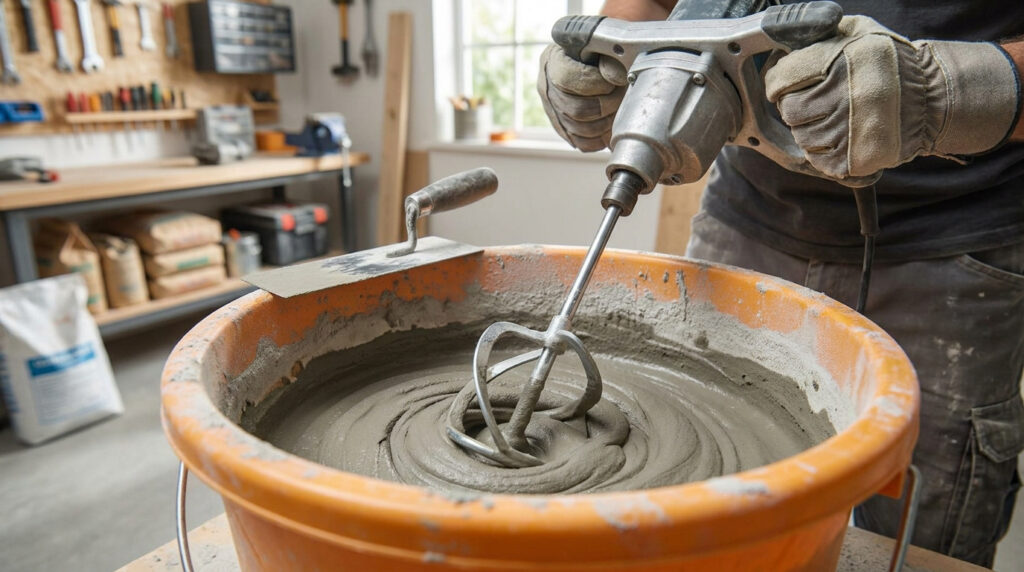 Un ouvrier utilise un malaxeur électrique pour mélanger du ciment colle dans un seau orange dans un atelier.