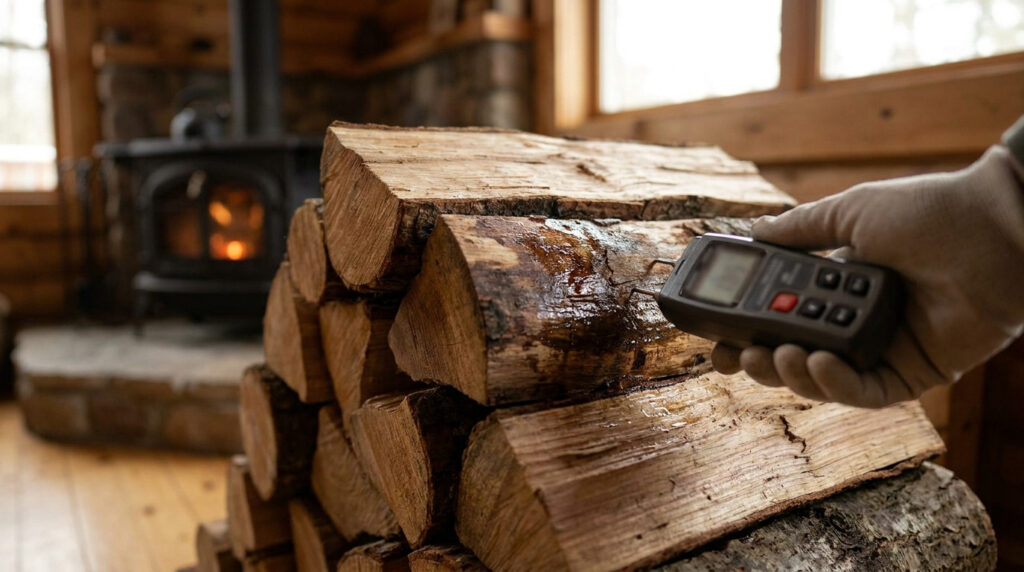 Une main gantée utilise un humidimètre numérique pour mesurer le taux d'humidité d'une bûche de bois humide.
