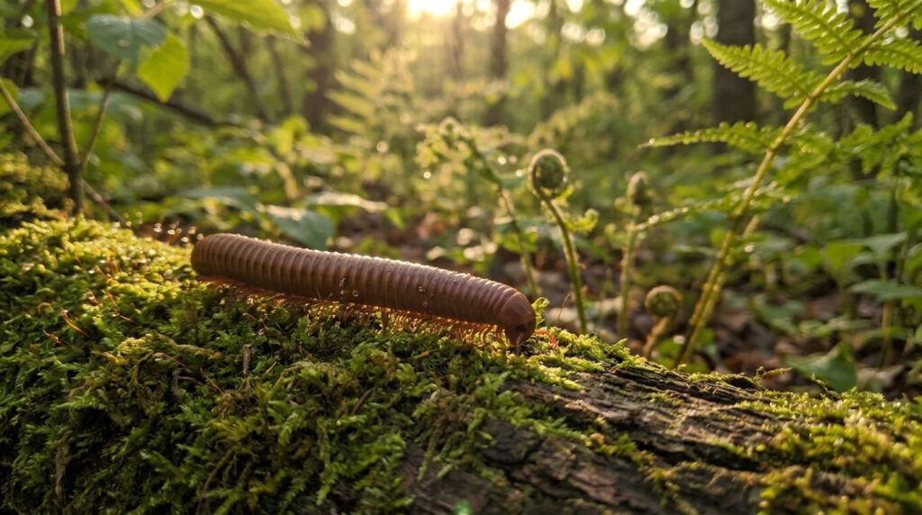 Un mille-pattes marron marche sur un tronc d'arbre moussue dans une forêt baignée par la lumière dorée du soleil.