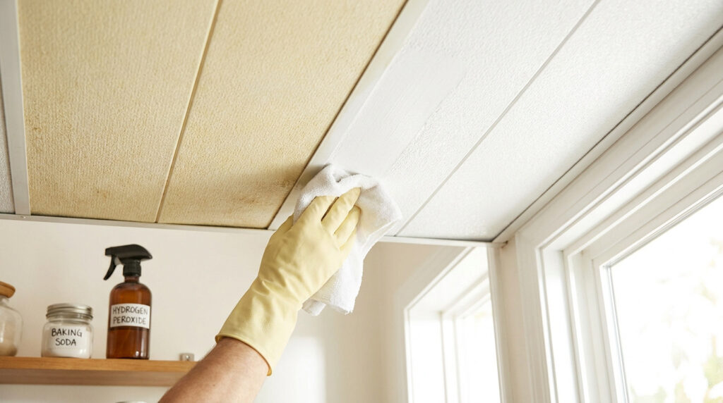 Une main gantée nettoie un plafond en PVC jauni avec un chiffon blanc pour révéler sa couleur d'origine.