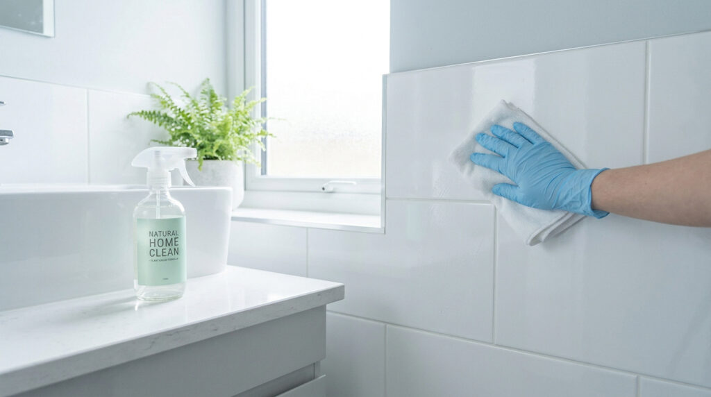 Une personne avec des gants bleus nettoie un mur carrelé blanc avec un chiffon dans une salle de bain lumineuse.