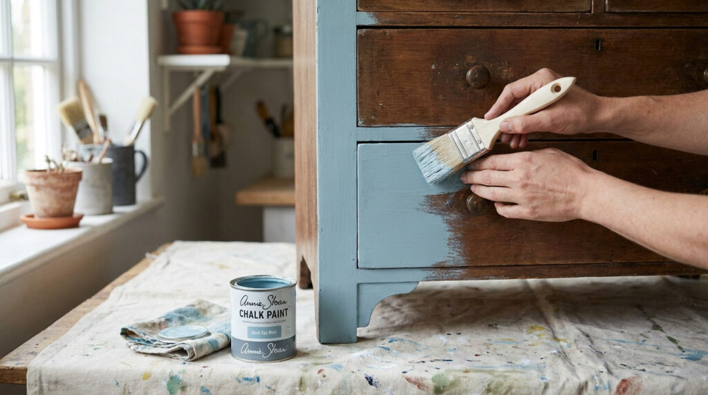 Mains peignant un vieux meuble en bois avec de la peinture bleu clair dans un atelier lumineux.