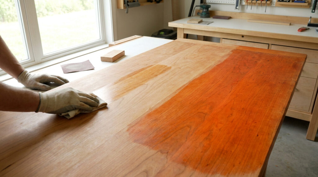 Mains avec gants nettoyant une surface en merisier montrant le contraste entre le bois poncé et la finition d'origine.