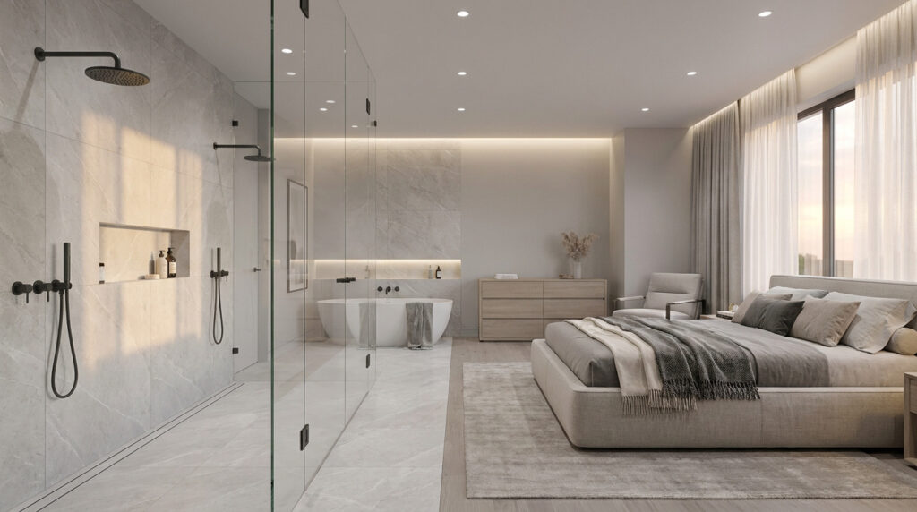 Une chambre moderne avec une douche à l'italienne vitrée et une baignoire îlot élégante, aux tons neutres et sophistiqués.