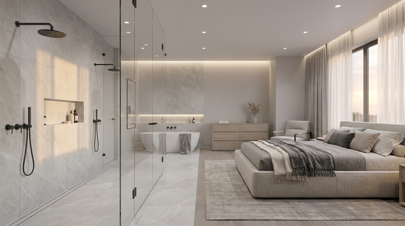 Une chambre moderne avec une douche à l'italienne vitrée et une baignoire îlot élégante, aux tons neutres et sophistiqués.