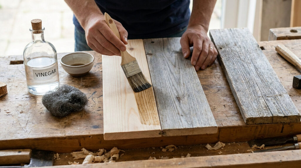 Une personne applique une solution de vinaigre sur une planche de bois pour créer une patine vieillie.