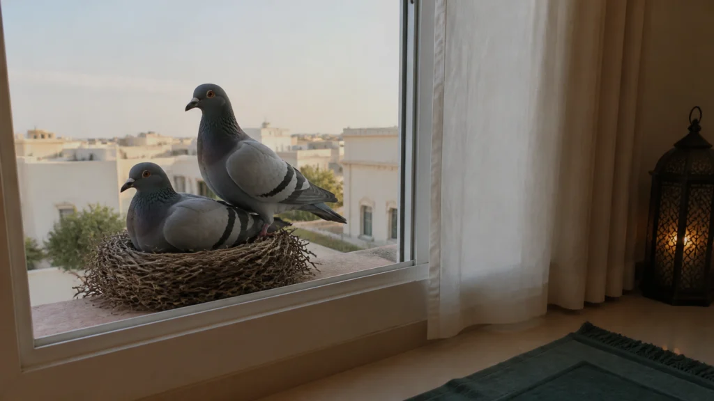Illustration éditoriale pour l’article « Signification du nid de pigeon en islam et baraka du foyer »