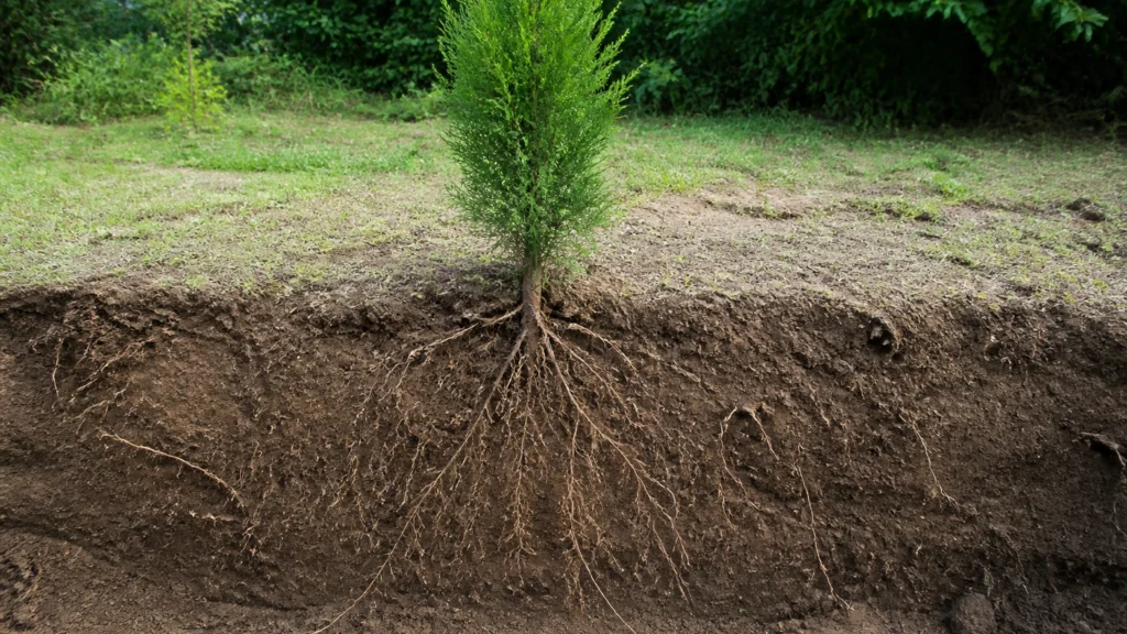 Illustration éditoriale pour l’article « Profondeur des racines du cyprès de Leyland : tout savoir »