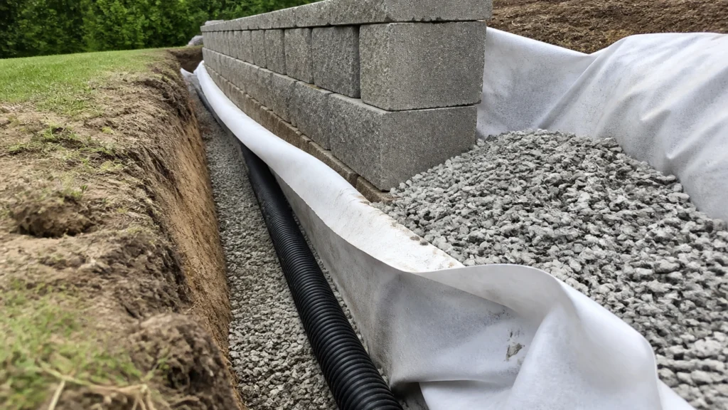 Illustration éditoriale pour l’article « Réussir le drainage du mur de soutènement en 2026 »