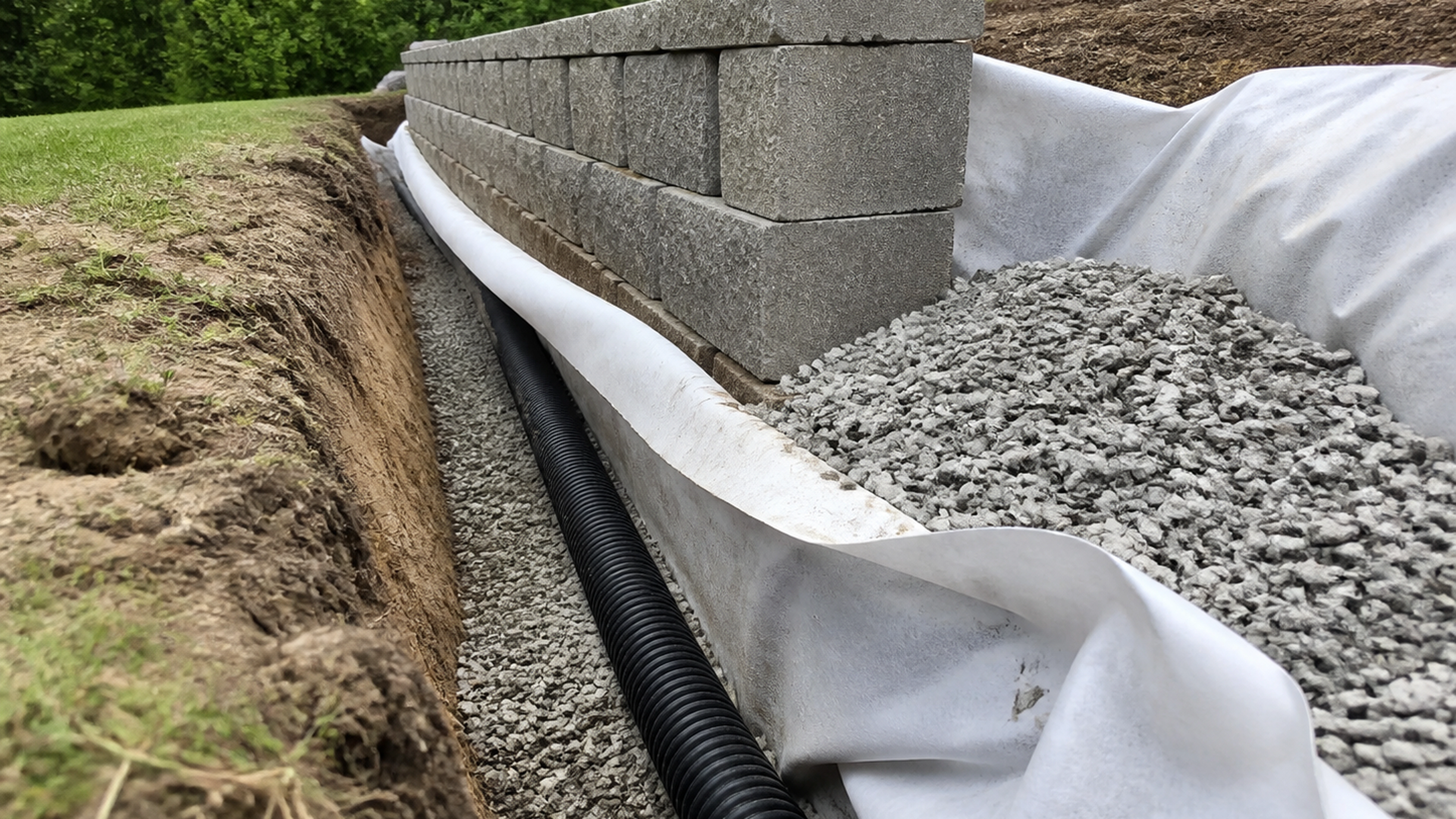 Illustration éditoriale pour l’article « Réussir le drainage du mur de soutènement en 2026 »